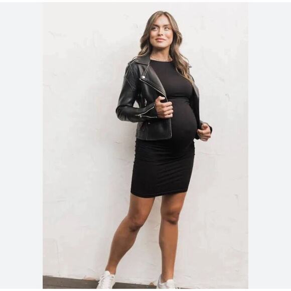 Blanqi Everyday Maternity Crewneck Mini Dress Cap Sleeve Ruched Bodycon M L - Picture 3 of 6